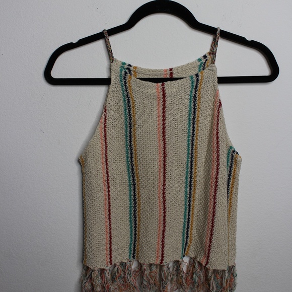 COCO & Jaimeson Beige Colorfull Stripped Fringe Open Weave Neck Knit Tan… - Picture 4 of 5
